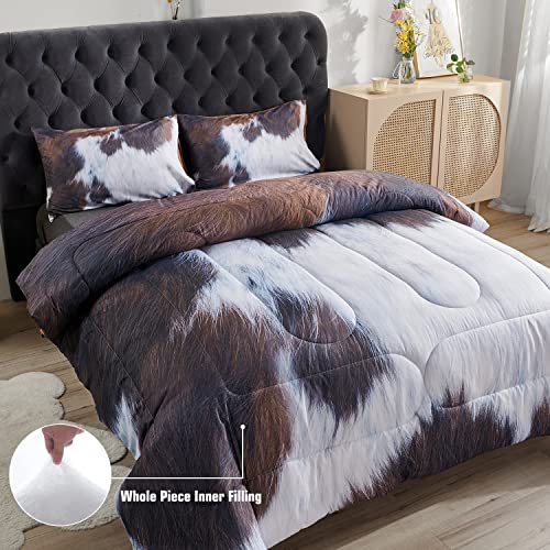  PERFEMET Cow Print Comforter Set Queen Size, Highland Cowhide Rustic Farmhouse Bedding Set, Western Farm Animal Fur Pattern Cowboy Duvet Set, (Brown White)