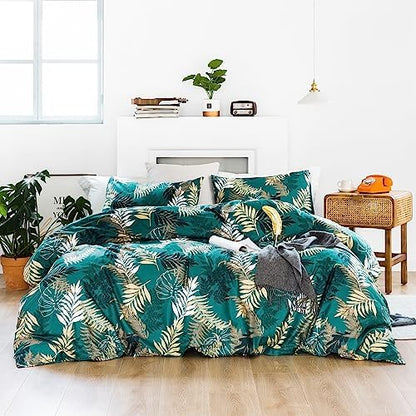  SUSYBAO Botanical Duvet Cover Queen 100% Cotton Tropical Plant Duvet Cover 3 Pieces Set 1 Palm Leaves Patterned Duvet Cover With Zipper Ties 2 Pillowcases Luxury Soft Green Botanical Bedding Set Comfy