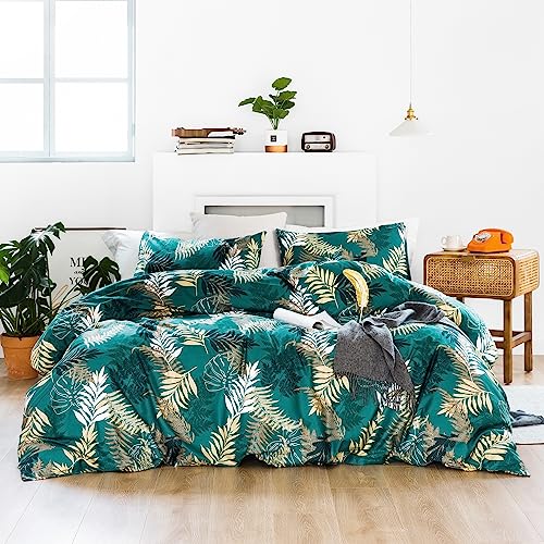  SUSYBAO Botanical Duvet Cover Queen 100% Cotton Tropical Plant Duvet Cover 3 Pieces Set 1 Palm Leaves Patterned Duvet Cover With Zipper Ties 2 Pillowcases Luxury Soft Green Botanical Bedding Set Comfy