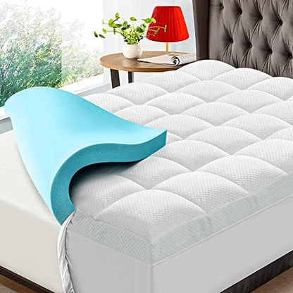  Dual Layer 4 Inch Memory Foam Mattress Topper Queen Size, Breathable & Medium Support, 2 Inch Cooling Gel Memory Foam & 2 Inch Bamboo Pillow Top Mattress Pad Cover For Back Pain