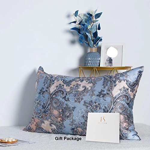  FELYSIK Blue Gray Paisley Silk Pillowcase For Hair And Skin - Queen 20"x30", 22 Momme 100% Mulberry Silk Floral Print Pillow Cases With Zipper