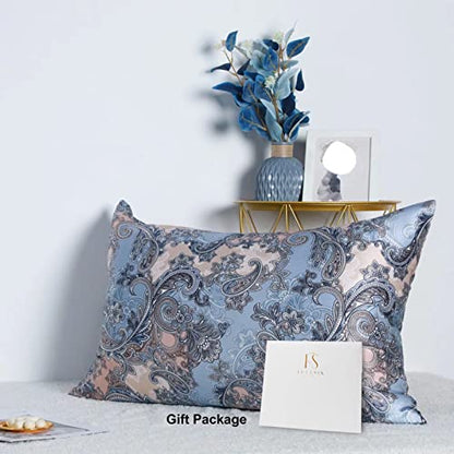  FELYSIK Blue Gray Paisley Silk Pillowcase For Hair And Skin - Queen 20"x30", 22 Momme 100% Mulberry Silk Floral Print Pillow Cases With Zipper