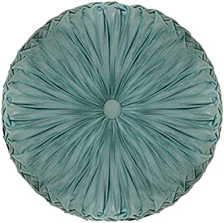  Round Cushions Pillows 15" Large Velvet Floor Couch Pillow Handcrafted Pleated Round Throw Pillow Decoration For Chair Sofa Bed And Car, 1 Pack, Light Teal