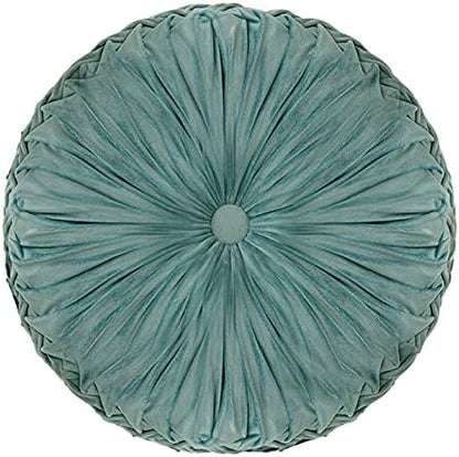  Round Cushions Pillows 15" Large Velvet Floor Couch Pillow Handcrafted Pleated Round Throw Pillow Decoration For Chair Sofa Bed And Car, 1 Pack, Light Teal