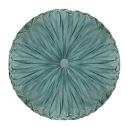 Round Cushions Pillows 15" Large Velvet Floor Couch Pillow Handcrafted Pleated Round Throw Pillow Decoration For Chair Sofa Bed And Car, 1 Pack, Light Teal