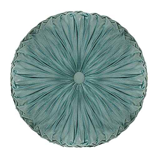  Round Cushions Pillows 15" Large Velvet Floor Couch Pillow Handcrafted Pleated Round Throw Pillow Decoration For Chair Sofa Bed And Car, 1 Pack, Light Teal