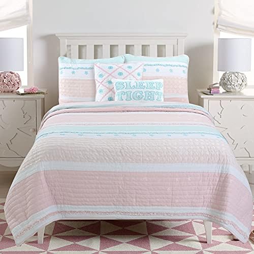  Cozy Line Home Fashions Pink Flower Lace Ruffle Stripe Shabby Chic Girl 100% Cotton Reversible Quilt Bedding Set, Coverlet, Bedspread (Pink Lace, Twin - 2 Piece: 1 Quilt + 1 Sham)