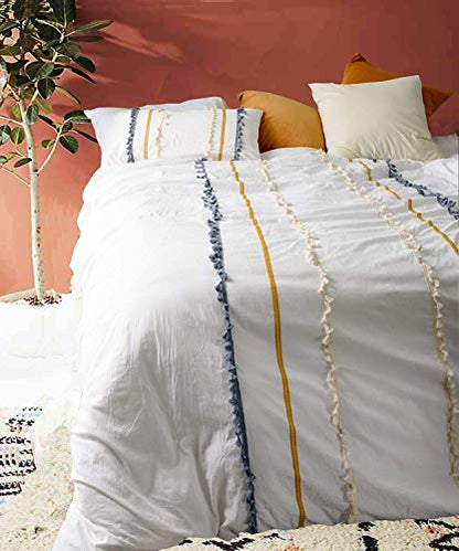  Tasseled Duvet Cover Washed Cotton Boho Bedding King, 96inx104in