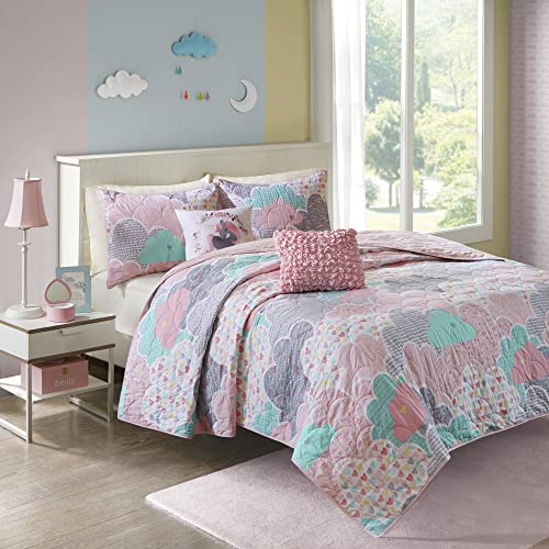  Urban Habitat Kids Reversible Cotton Quilt Set - Vibrant Fun, Playful Print, All Season Children Bedding Coverlet Bedspread, Decorative Pillow, Bedroom Décor, Twin/Twin XL, Cloud Pink 4 Piece