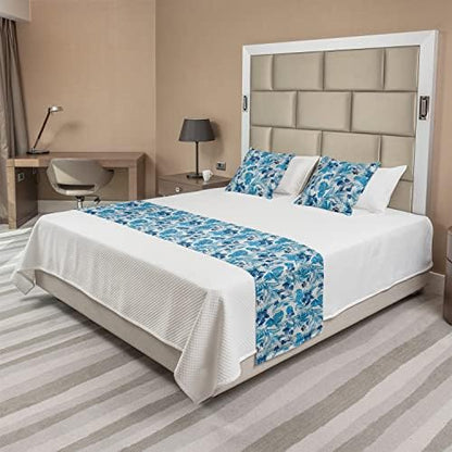  Ambesonne Navy Bed Runner Set, Under The Sea Atlantic Ocean Inspired Tangled Boat Ship Marine Image Print, Decorative Bedding Scarf And 2 Pillow Shams For Hotels Homes, King, Navy Blue