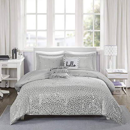  Zoey Triangle Metallic Print, Cozy Comforter Set All Season Bedding Set, Matching Sham, Decorative Pillow, Full/Queen, Grey/Silver 5 Piece