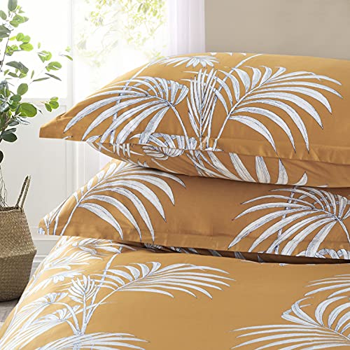  Eikei Midnight Blue Botanical Print Duvet Quilt Cover Egyptian Cotton Bedding Set Modern Luxury Minimal Palm Leaf Dark Charcoal Navy Ocher Floral Watercolor Design 120x98 (Mustard Yellow, Super King)