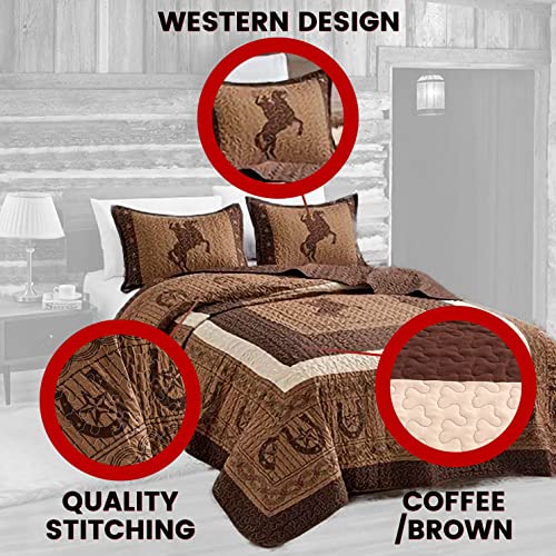  Sapphire Home Luxury 3-Piece Quilt Bedspread Set - Western Design Collection - Wild Horse Country/Horseshoe/Star/Cowboy/Southwestern Blue/Tayler Design W/Pillow Sham - Queen Size, Beige Brown
