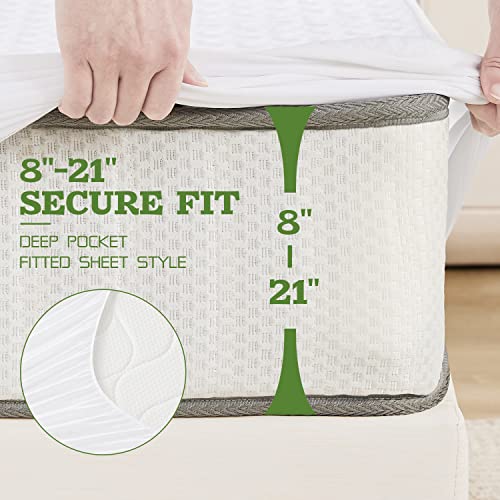  Bamboo Waterproof Mattress Protector Queen Size, 8"-21" Deep Pocket Mattress Cover Cooling Breathable Soft Noiseless Washable
