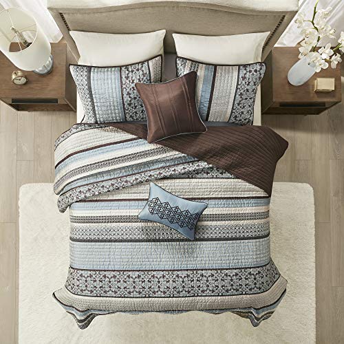 Quilt Set Luxurious Jacquard Stripes Design - All Season, Coverlet Bedspread Lightweight Bedding Layer, Shams, Decorative Pillow, Full/Queen(90"x90"), Floral Blue 5 Piece