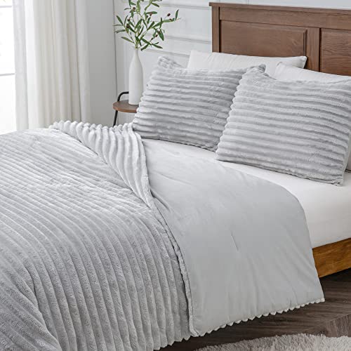  BEDELITE Fleece Queen Comforter Set -Super Soft & Warm Fluffy Grey Bedding, Luxury Fuzzy Heavy Bed Set For Winter With 2 Pillow Cases