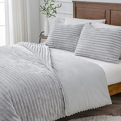  BEDELITE Fleece Queen Comforter Set -Super Soft & Warm Fluffy Grey Bedding, Luxury Fuzzy Heavy Bed Set For Winter With 2 Pillow Cases