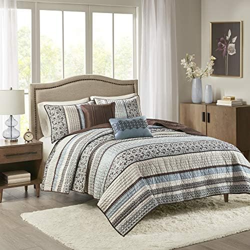  Quilt Set Luxurious Jacquard Stripes Design - All Season, Coverlet Bedspread Lightweight Bedding Layer, Shams, Decorative Pillow, Full/Queen(90"x90"), Floral Blue 5 Piece