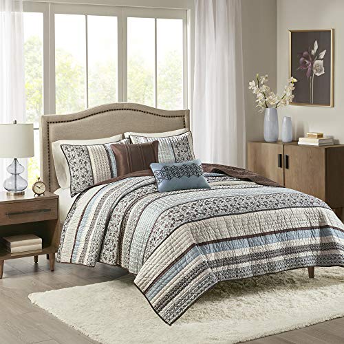  Quilt Set Luxurious Jacquard Stripes Design - All Season, Coverlet Bedspread Lightweight Bedding Layer, Shams, Decorative Pillow, Full/Queen(90"x90"), Floral Blue 5 Piece
