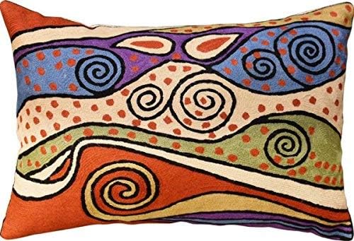  Kashmir Designs Lumbar Cushion Cover Hand Embroidered Wool 13x21 (Lumbar Poppy Pillow Cover Turquoise)