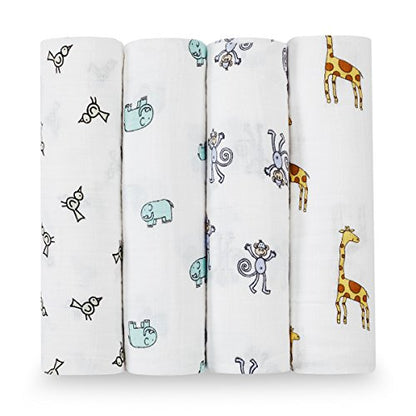  Aden + Anais Swaddle Blanket, Boutique Muslin Blankets For Girls & Boys, Baby Receiving Swaddles, Ideal Newborn & Infant Swaddling Set, Perfect Shower Gifts, 4 Pack, Jungle Jam