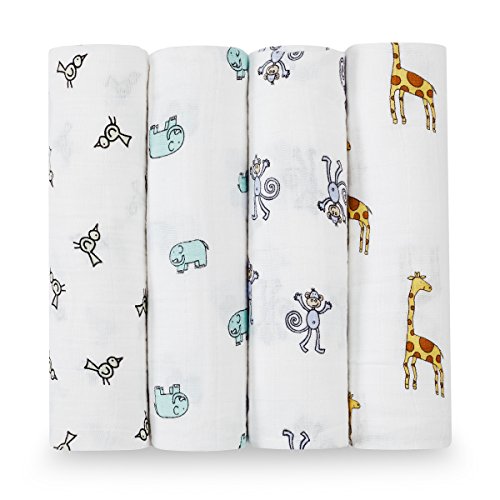  Aden + Anais Swaddle Blanket, Boutique Muslin Blankets For Girls & Boys, Baby Receiving Swaddles, Ideal Newborn & Infant Swaddling Set, Perfect Shower Gifts, 4 Pack, Jungle Jam