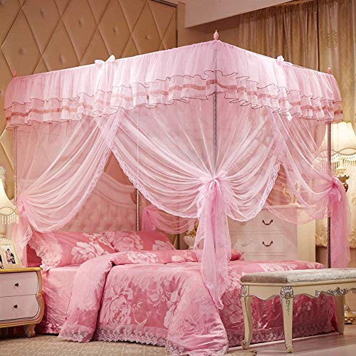  4 Corners Post Pink Canopy Bed Curtain For Girls & Adults - Cute Cozy Drape Square Netting For Twin Bed - 4 Opening 45" W X 80" L Mosquito Net - Princess Bedroom Decoration