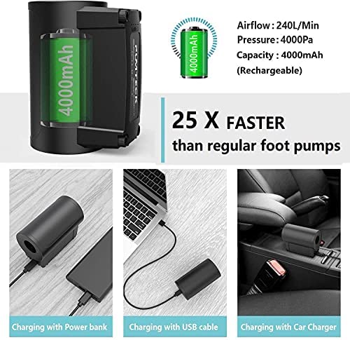  Air Pump For Inflatables, PUMTECK Electric Air Pump With 4 Nozzles, Rechargeable Battery Air Mattress Pump, Pool Toys, Air Mattress Beds, Boats, Swimming Ring, USB/4000mAh