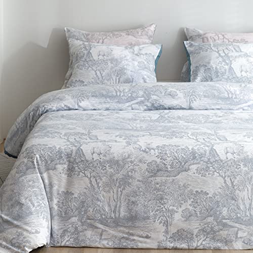  Bahalden Floral Duvet Cover Twin Size, Super Soft Boho Bedding For All Seasons, Toile De Jouy Vintage Pattern Duvet cover 2 Pcs with Zipper Closure Stone Blue (68"×90")