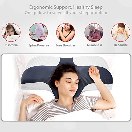  Fullengy Cervical Memory Foam Pillow, Contour Pillows For Neck, Shoulder, Back Pain Relief, Ergonomic Neck Contoured Support Pillow For Side, Back, Stomach Sleepers, Washable Pillowcase