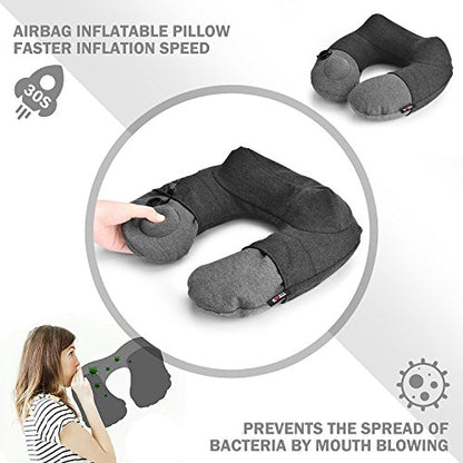  Kmall Inflatable Travel Neck Pillow For Airplane Travel Best Neck Support Sleep Travel Pillow With Super Comfort Pillow Case, Gray, 11.5x11.2x5.1 Inches