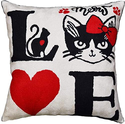  Kashmir Designs Cat Pillow Cover | Kitty Accent Pillow | Modern Cats Cushion | Colorful Cat Pillows | Cat Face On Pillow | Cat Lover Gift | Hand Embroidered Cushions | Wool Size - 18x18