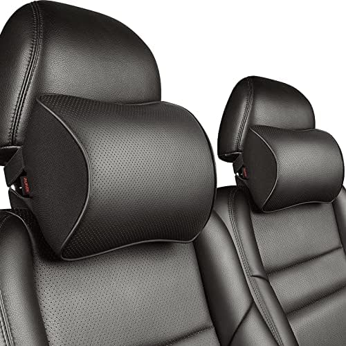  Aukee Car Headrest Pillow With Genuine Leather Cover Memory Foam Neck Cushion For Driving Home Office Black (Pack Of 2)