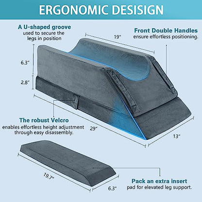  JOYWOO Memory Foam Leg Elevation Pillow - Post-Surgery, Knee And Ankle Injuries, Swelling - 3 Height Adjustments - Removable/Washable