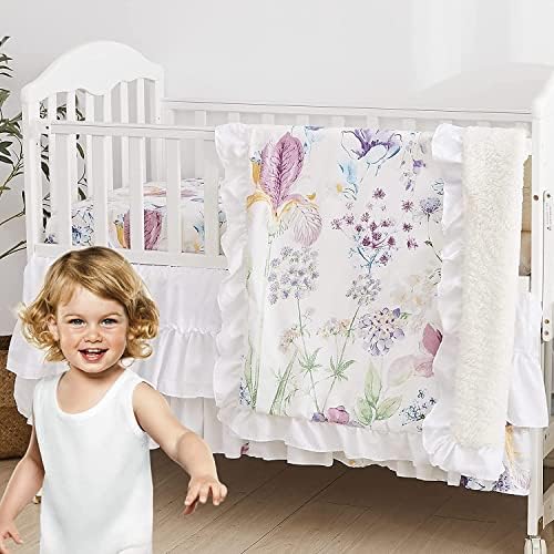  Brandream Wildflower Butterfly Crib Bedding Sets For Girls Farmhouse Baby Nursery Bedding Blanket Set Romantic Purple White, 6 Pieces