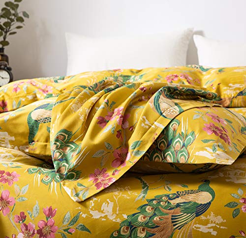  Eikei Chinoiserie Chic Peacock Floral Duvet Cover Paradise Garden Botanical Bird And Tree Branches Vintage Stylized Long Staple Cotton Bedding Set (King, Citrine)