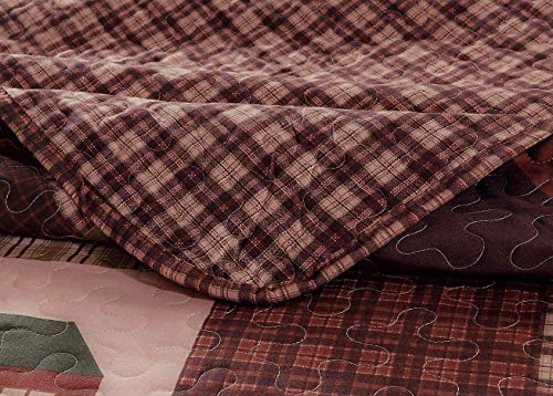  Rustic Western Lodge Quilted Plaid Reversible Bedspread Set With Wildlife Imagery Of Grizzly Bear Elk Buck And Pine Trees In Dark Brown - Alpine Trail (Full / Queen)