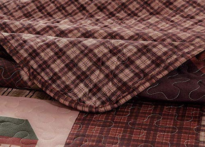  Rustic Western Lodge Quilted Plaid Reversible Bedspread Set With Wildlife Imagery Of Grizzly Bear Elk Buck And Pine Trees In Dark Brown - Alpine Trail (Full / Queen)