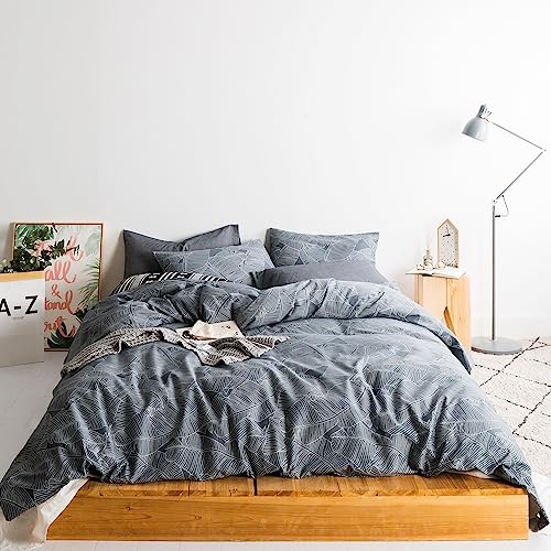  SUSYBAO Gray Botanical Duvet Cover King 100% Cotton Tropical Plant Duvet Cover 3 Pieces Set 1 Banana Leaves Patterned Duvet Cover With Zipper Ties 2 Pillowcases Luxury Soft Grey Leaf Bedding Set