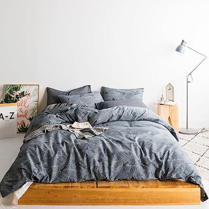  SUSYBAO Gray Botanical Duvet Cover King 100% Cotton Tropical Plant Duvet Cover 3 Pieces Set 1 Banana Leaves Patterned Duvet Cover With Zipper Ties 2 Pillowcases Luxury Soft Grey Leaf Bedding Set