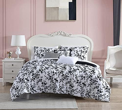  Betsey Johnson Home | Pretty Floral Collection | 5pc Comforter Set - Super Soft, Reversible, All Season Bedding With Matching Sham(s) And Bonus Throw Pillows, Twin, Black