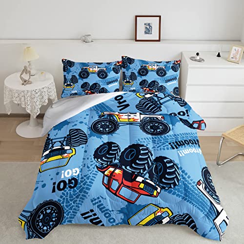  Cars Comforter Set, Giant Monster Pickup Truck Large Tires And Suspension Extreme Biggest Wheel Print, Twin Size Room Decorative 3 Piece Bedding Set With 2 Pillow Sham