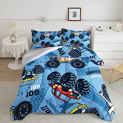  Cars Comforter Set, Giant Monster Pickup Truck Large Tires And Suspension Extreme Biggest Wheel Print, Twin Size Room Decorative 3 Piece Bedding Set With 2 Pillow Sham
