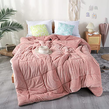  Luxurious Flannel Fleece Comforter With Plush Sherpa Back- Twin Size Bedding Coverlet-Textured Faux Fur Blanket-Machine Washable-Winter Warmth(68X90”, Rose), Twin/Twin XL