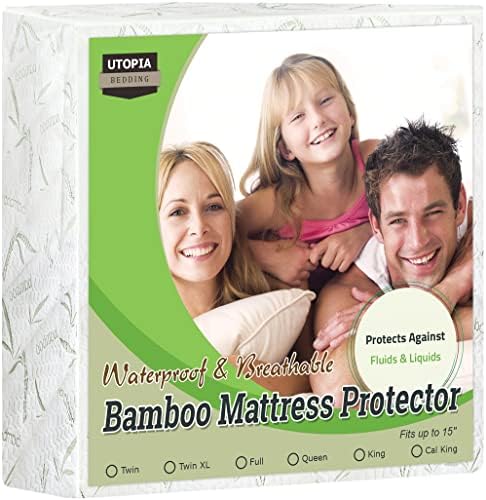  Premium Bamboo Waterproof Mattress Protector Twin 340 GSM, Fits 15 Inches Deep, Mattress Cover, Breathable, Fitted Style With Stretchable Pockets