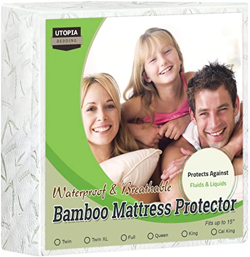  Premium Bamboo Waterproof Mattress Protector Twin 340 GSM, Fits 15 Inches Deep, Mattress Cover, Breathable, Fitted Style With Stretchable Pockets