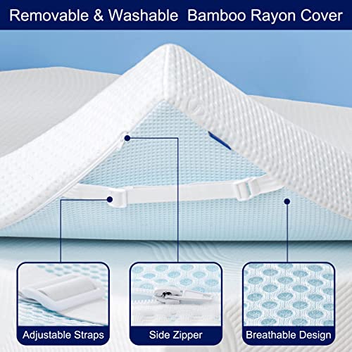  3 Inch Mattress Topper Cover (Only Cover) Mattress Protector Bedding Bamboo Rayon Removable Mattress Encasement For Latex Cool Mattress Cover With Zipper With Adjustable Straps (Queen,White)
