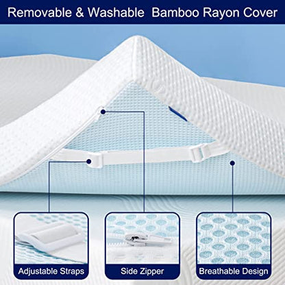  3 Inch Mattress Topper Cover (Only Cover) Mattress Protector Bedding Bamboo Rayon Removable Mattress Encasement For Latex Cool Mattress Cover With Zipper With Adjustable Straps (Queen,White)