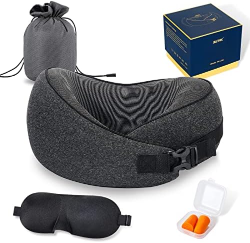  MLVOC Travel Pillow 100% Pure Memory Foam Neck Pillow, Comfortable & Breathable Cover, Machine Washable, Airplane Travel Kit With 3D Contoured Eye Masks, Earplugs, And Luxury Bag, Standard (Black)