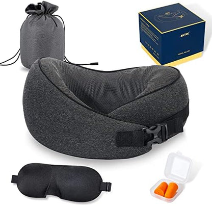  MLVOC Travel Pillow 100% Pure Memory Foam Neck Pillow, Comfortable & Breathable Cover, Machine Washable, Airplane Travel Kit With 3D Contoured Eye Masks, Earplugs, And Luxury Bag, Standard (Black)